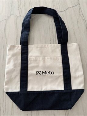 Small Canvas Tote Bag in Cream and Navy Blue with Meta logo